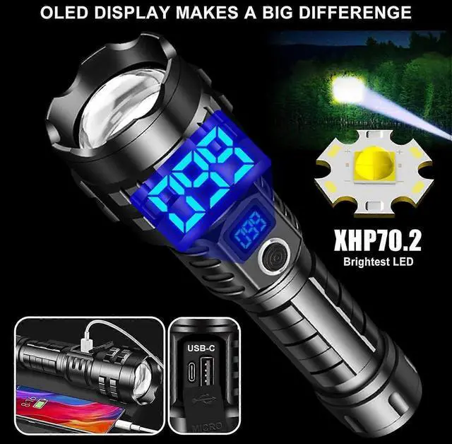 Alt view image 5 of 5 - Ecocleanpath 200,000 Lumen Rechargeable LED Flashlight with Charging Display - Ultra Bright Black Spotlight