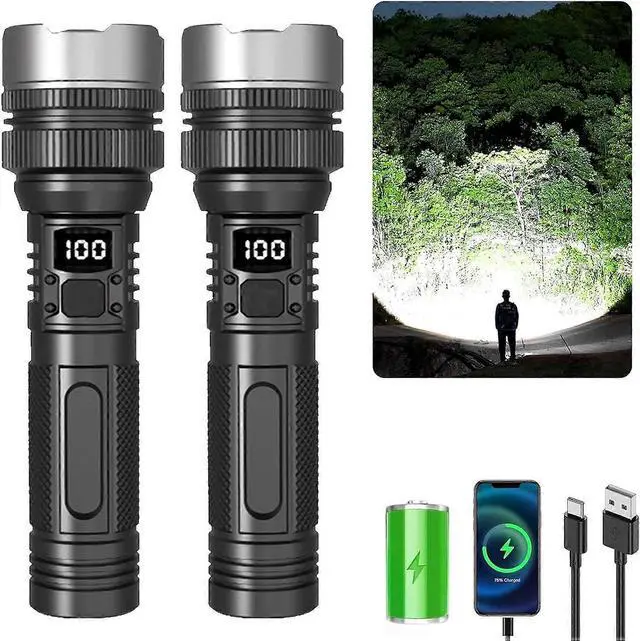 Main image of Ecocleanpath Ultimate Survival Flashlight 2-Pack, 1000 Lumens IPX7 Waterproof Zoomable Torch with 3 Modes & USB Charging (Black)