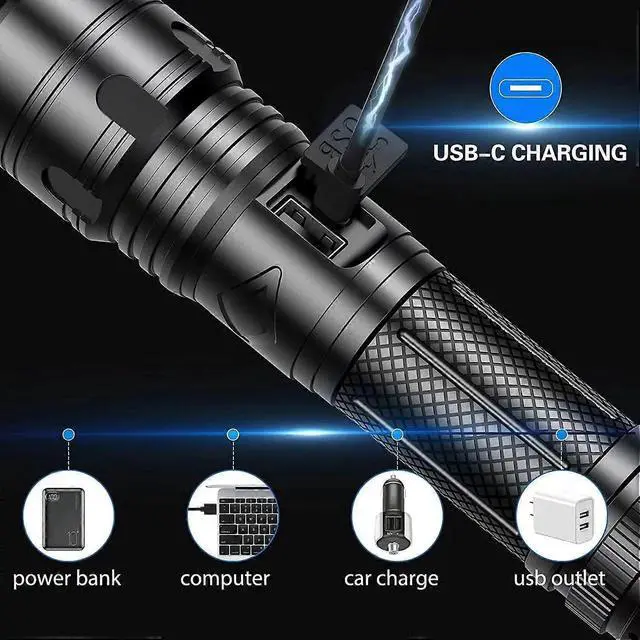 Alt view image 2 of 5 - Ecocleanpath 20000 Lumens Rechargeable Tactical Flashlight, High Power Zoom LED, Type-C Fast Charge, Black