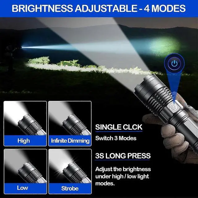 Alt view image 2 of 5 - Ecocleanpath Super Bright Rechargeable Tactical Flashlight, 3 Modes & Zoom, 1640ft Beam, Type-C, Black
