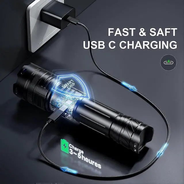 Alt view image 2 of 5 - Ecocleanpath 2000 Lumens USB-C Rechargeable Flashlight, 3280ft Range, Power Bank, IPX7 Waterproof - Black