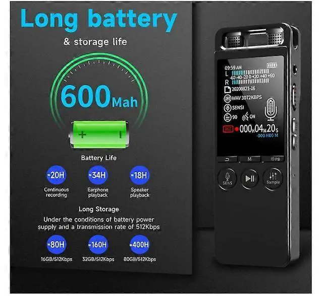 Alt view image 3 of 4 - Ecocleanpath 32GB Digital Voice Recorder with MP3 Player, Noise Cancel, Voice Activated, 1100H Battery, Black