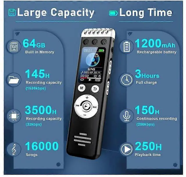 Alt view image 4 of 5 - Ecocleanpath 64GB Voice Activated Recorder, 3500H Record & 150H Battery, Noise Reduction for Lectures/Meetings (Black)