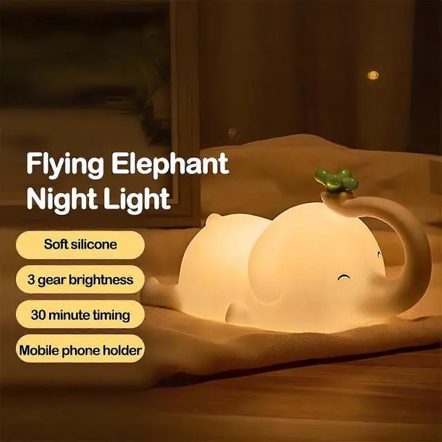 Alt view image 3 of 5 - Ecocleanpath Cute Elephant Night Light - 3-Level Dimmable, USB Rechargeable, Timer, Nursery Lamp for Kids (White)