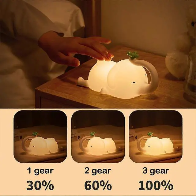 Alt view image 5 of 5 - Ecocleanpath Cute Elephant Night Light - 3-Level Dimmable, USB Rechargeable, Timer, Nursery Lamp for Kids (White)