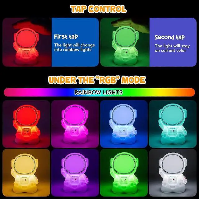 Alt view image 3 of 5 - Ecocleanpath Astronaut Night Light for Kids - Color Changing, Timer, USB Rechargeable Nursery Lamp (White)