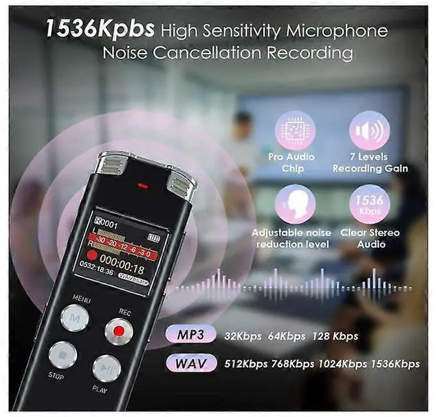 Alt view image 2 of 5 - Ecocleanpath 64GB Voice Activated Recorder - USB Rechargeable Dictaphone with MP3 Playback, Black