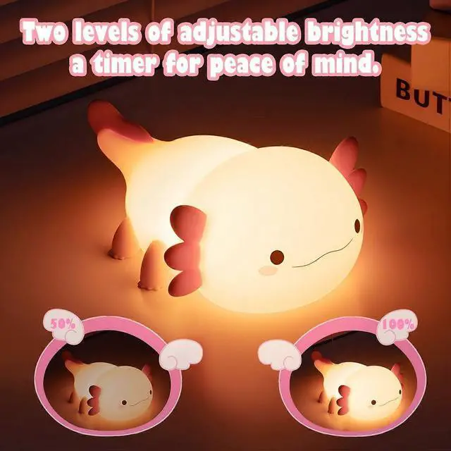 Alt view image 3 of 5 - Ecocleanpath Axolotl Night Light for Kids - Portable Rechargeable Table Lamp with Timer, Pink Kawaii Room Decor Gift