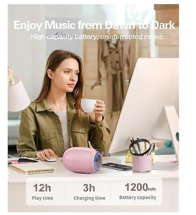 Alt view image 4 of 5 - Ecocleanpath 5W Portable Bluetooth Speaker with Colorful Lights, 10H Playtime, TWS Pairing for Home & Outdoors (Pink)