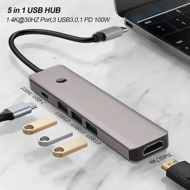 Alt view image 3 of 5 - Ecocleanpath 5-in-1 USB C Hub with 4K HDMI, 100W PD & 3 USB 3.0 Ports, Compatible with MacBook, Surface, PC (Gray)