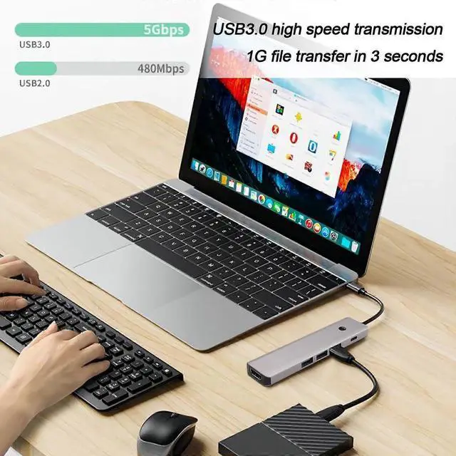 Alt view image 5 of 5 - Ecocleanpath 5-in-1 USB C Hub with 4K HDMI, 100W PD & 3 USB 3.0 Ports, Compatible with MacBook, Surface, PC (Gray)