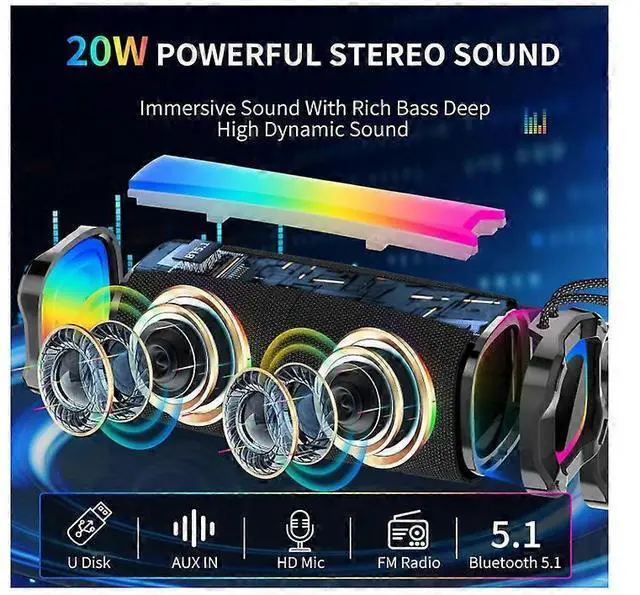 Alt view image 2 of 5 - Ecocleanpath 20W Portable Bluetooth Speaker with 18H Playtime, IPX7 Waterproof, RGB Lights & FM Radio (Black)