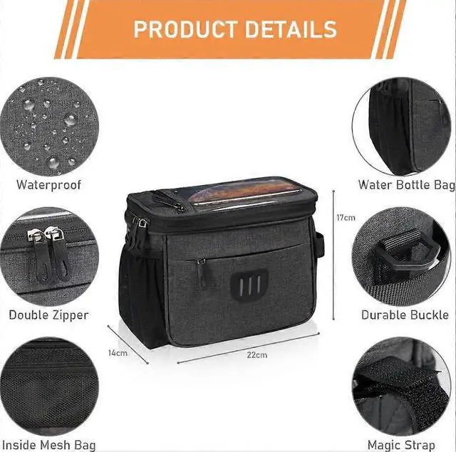 Alt view image 2 of 5 - Ecocleanpath 6L Waterproof Bike Handlebar Bag, Gray Cycling Phone Holder for Mountain & Folding Bikes