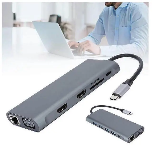 Alt view image 4 of 5 - Ecocleanpath 12-in-1 USB-C Hub Multiport Adapter with 4K HDMI, VGA, PD 100W, Gray - Triple Display Docking Station