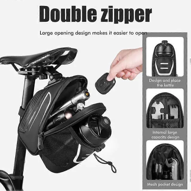 Alt view image 3 of 5 - Ecocleanpath Waterproof Bike Saddle Bag with Bottle Holder & Reflective Strip - Black MTB BMX Road Bike Storage