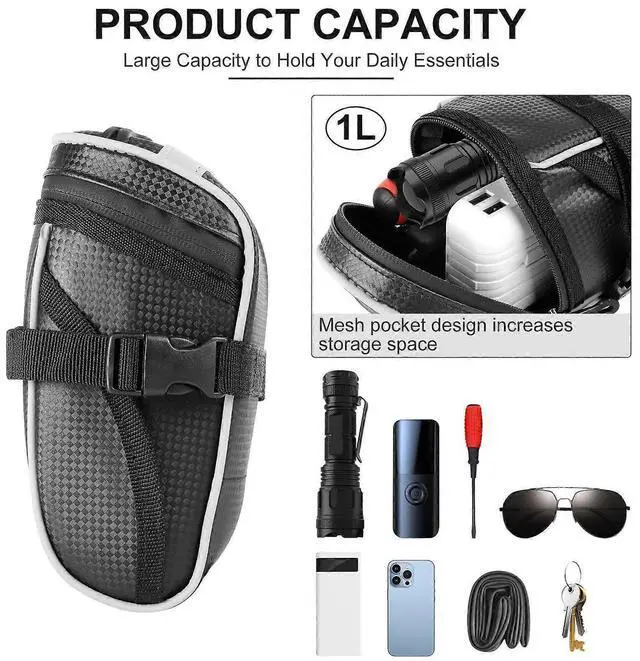 Alt view image 2 of 5 - Ecocleanpath Waterproof Bike Saddle Bag, 1L Under Seat Storage with Reflective Straps, Black