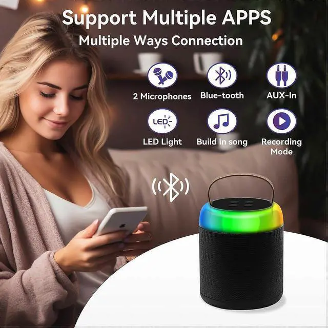 Alt view image 4 of 5 - Ecocleanpath Mini Karaoke Machine with 2 Wireless Mics, Portable Bluetooth Speaker for Kids & Adults, Birthday Gift