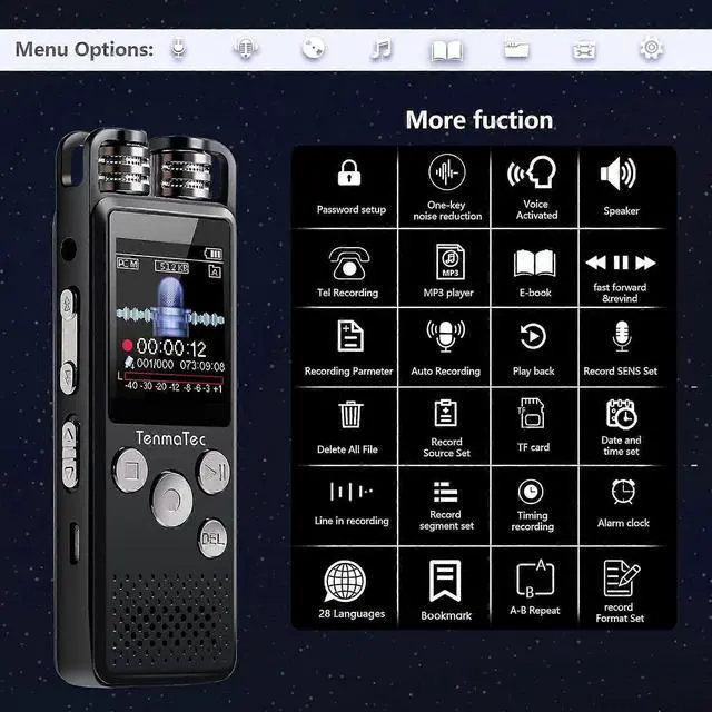 Alt view image 5 of 5 - Ecocleanpath 16GB Voice Activated Recorder with Playback, DSP Noise Cancellation, Dual Mic, MP3 & Speaker - Black