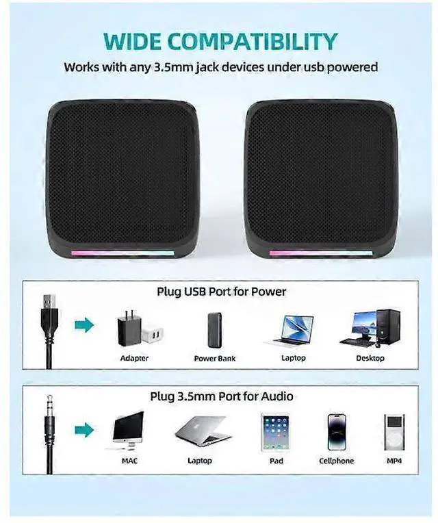 Alt view image 3 of 5 - Ecocleanpath USB Powered Computer Speakers with 3.5mm Aux, Compact Hi-Fi Sound for PC, Laptop & Phone (Black)