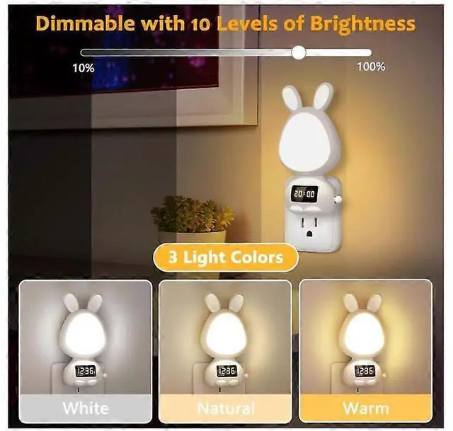 Alt view image 2 of 5 - Ecocleanpath Dimmable LED Night Light with Remote & Clock, 3 Color Modes, Timer, Wall Plug