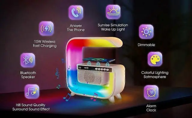 Alt view image 4 of 5 - Ecocleanpath Smart LED Table Lamp with Wireless Charger, Wake-up Light, Bluetooth Speaker & Time Display - White