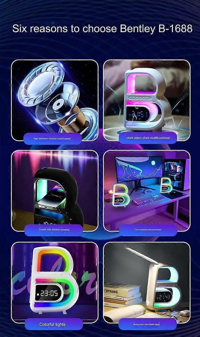 Alt view image 2 of 4 - Ecocleanpath Wireless Charging Desk Lamp with Bluetooth Speaker, Clock, Color Lights & Subwoofer - Black