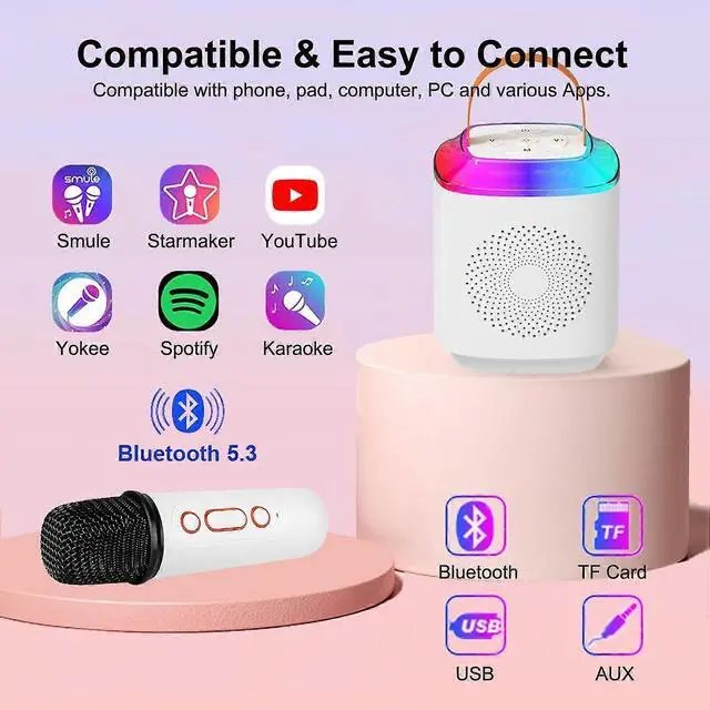 Alt view image 4 of 5 - Ecocleanpath Portable Karaoke Machine with 2 Wireless Mics, Bluetooth 5.3 Speaker & LED Lights for Kids & Adults (White)