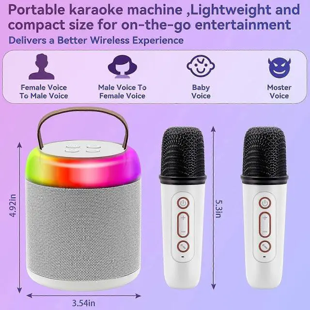 Alt view image 2 of 5 - Ecocleanpath Portable Karaoke Machine with 2 Wireless Mics, Bluetooth Speaker for Kids & Adults, Birthday Gift (White)