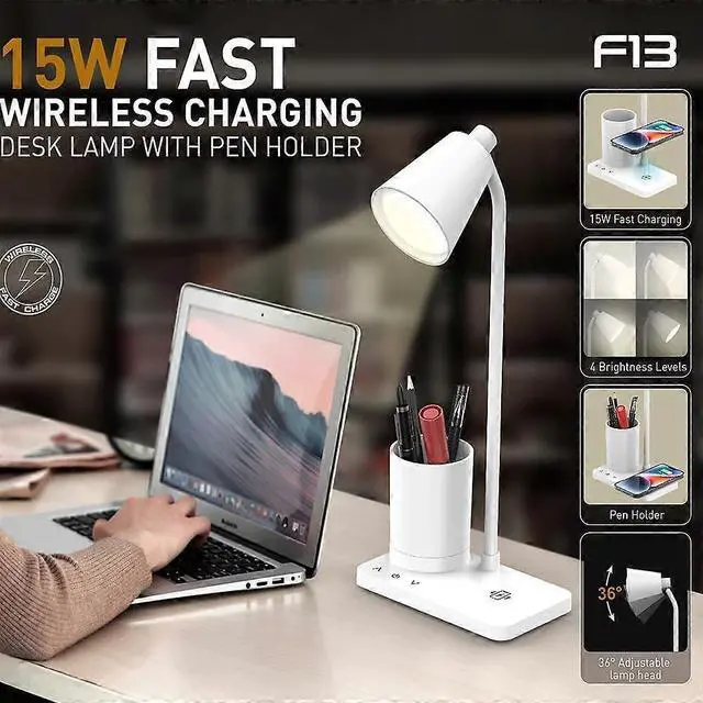 Alt view image 2 of 5 - Ecocleanpath 15W Fast Wireless Charging LED Desk Lamp, 4 Brightness Eye-Caring Table Lamp with Pen Holder (White)