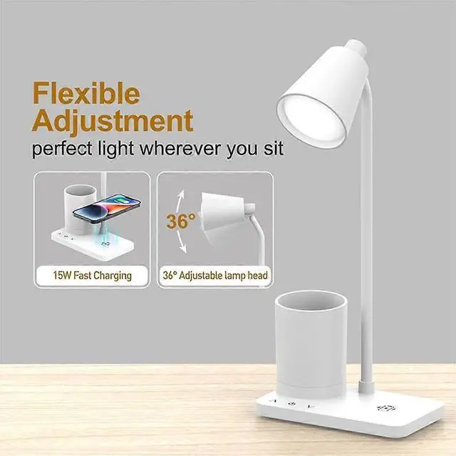Alt view image 3 of 5 - Ecocleanpath 15W Fast Wireless Charging LED Desk Lamp, 4 Brightness Eye-Caring Table Lamp with Pen Holder (White)