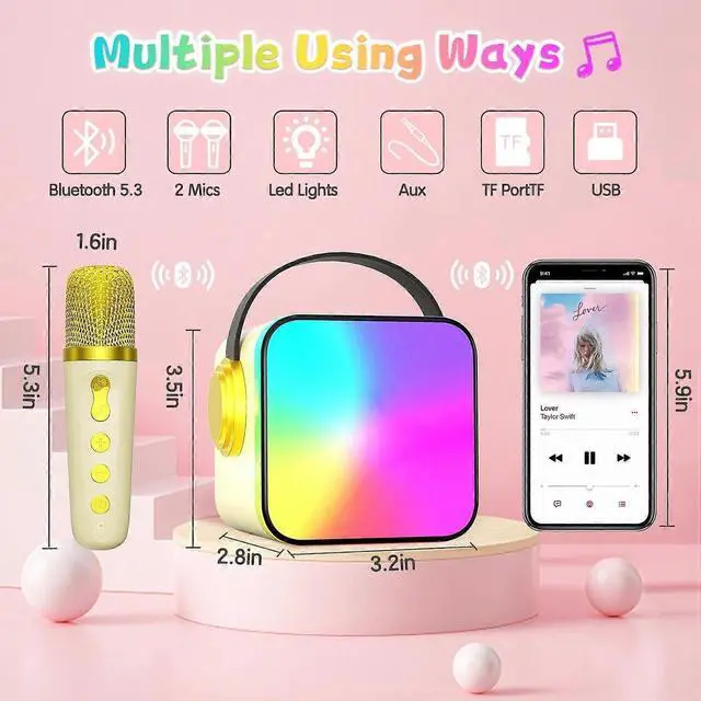 Alt view image 3 of 5 - Ecocleanpath Pink Kids Mini Karaoke Machine with 2 Wireless Mics, Portable Bluetooth Speaker Toy for Ages 4-12