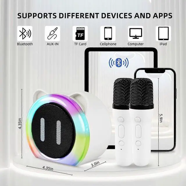 Alt view image 4 of 5 - Ecocleanpath Portable Kids Karaoke Machine with 2 Wireless Mics, Bluetooth Speaker Toy with Lights for Ages 3-12 (White)