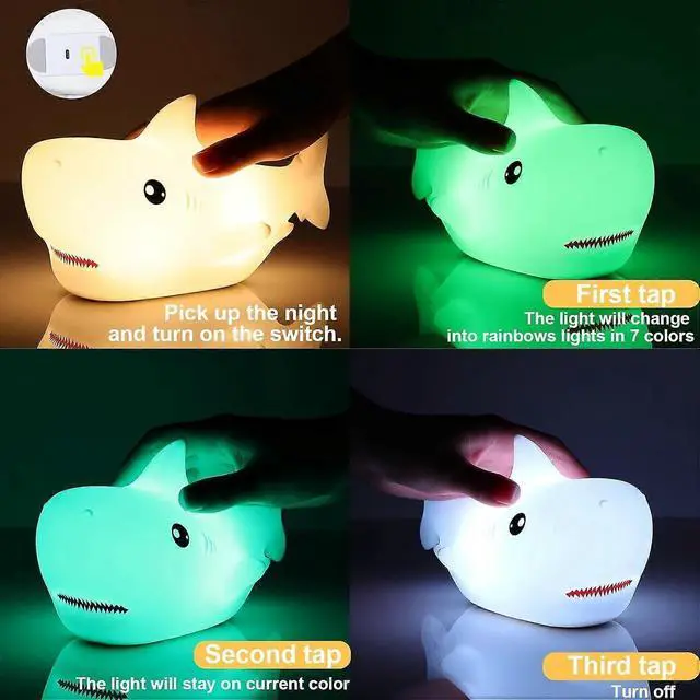 Alt view image 4 of 5 - Ecocleanpath Shark Night Light for Kids - 7 Color Changing, Rechargeable, Squishy Silicone LED Lamp (White)