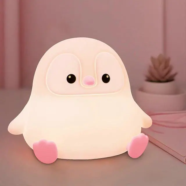 Main image of Ecocleanpath Cute Pink Penguin Touch Night Light - Squishy Silicone, Dimmable, Auto-Off Timer, USB Rechargeable