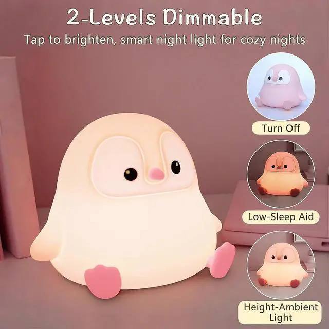 Alt view image 2 of 4 - Ecocleanpath Cute Pink Penguin Touch Night Light - Squishy Silicone, Dimmable, Auto-Off Timer, USB Rechargeable