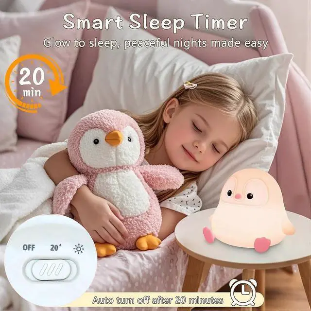 Alt view image 3 of 4 - Ecocleanpath Cute Pink Penguin Touch Night Light - Squishy Silicone, Dimmable, Auto-Off Timer, USB Rechargeable