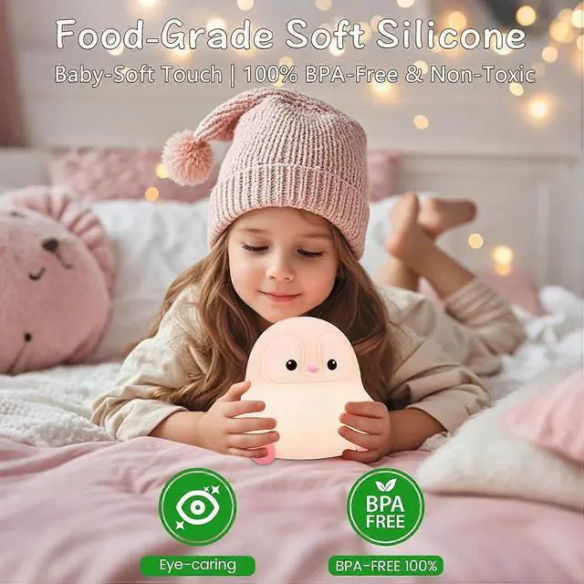 Alt view image 4 of 4 - Ecocleanpath Cute Pink Penguin Touch Night Light - Squishy Silicone, Dimmable, Auto-Off Timer, USB Rechargeable