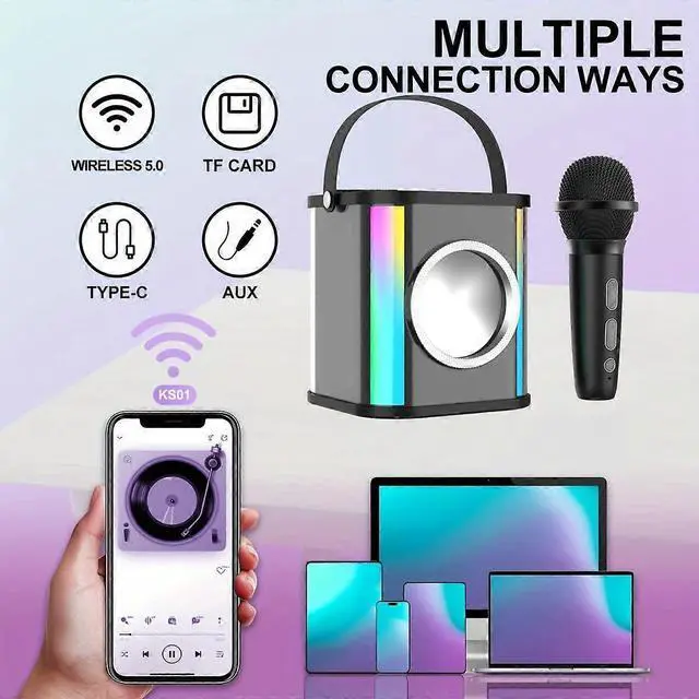 Alt view image 3 of 5 - Ecocleanpath Portable Karaoke Machine with 2 Mics & LED Lights, 15W Bluetooth Speaker for Family Parties & Travel