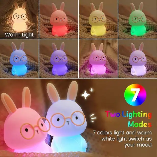 Alt view image 2 of 5 - Ecocleanpath Bunny Night Light for Kids - 7-Color Dimmable Nursery Lamp, USB-C Rechargeable, Auto-Off Timer