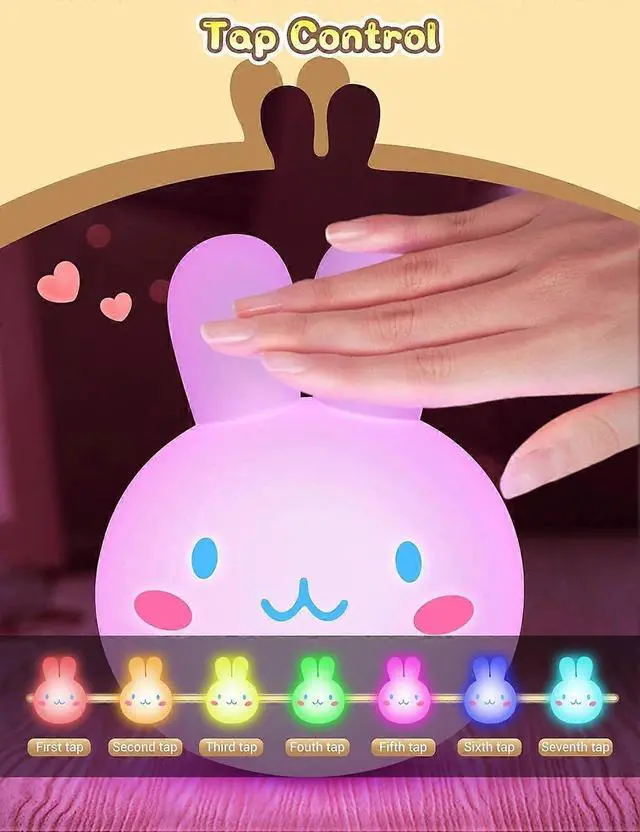 Alt view image 3 of 5 - Ecocleanpath Bunny Ice Cream Night Light, 7-Color Pat Control Rechargeable Desk Lamp, White Kawaii Decor