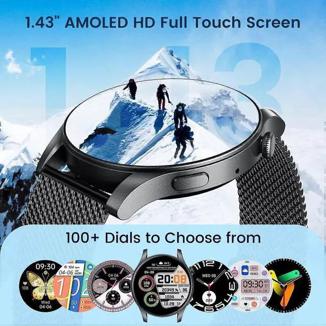 Alt view image 2 of 5 - Ecocleanpath 1.43" AMOLED Smartwatch for Android & iOS - Heart Rate Monitor, 100+ Sports Modes, Call Function (Black)
