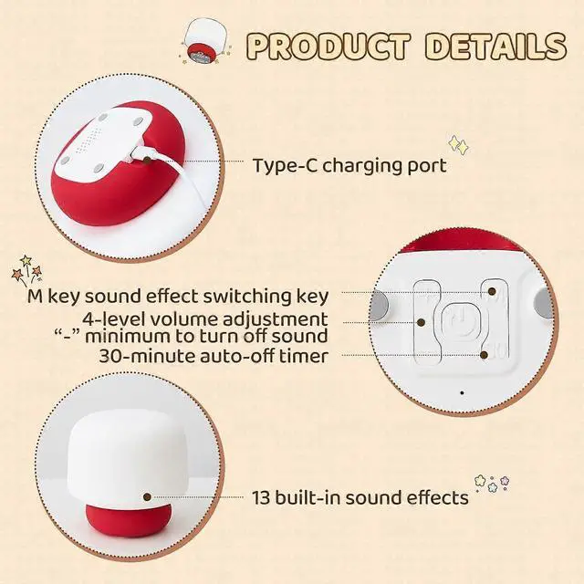 Alt view image 4 of 5 - Ecocleanpath Mushroom Night Light for Kids - Touch Control, 13 Sounds, Timer, Eye-Friendly LED (White)