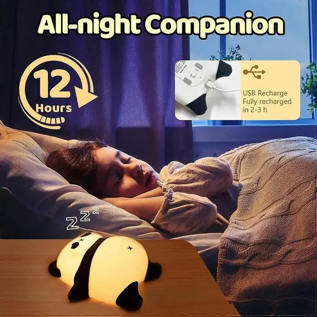 Alt view image 3 of 5 - Ecocleanpath Rechargeable Cute Panda Night Light - 3-Level Dimmable, Timer, 12H USB Kids Nursery Lamp (Black)