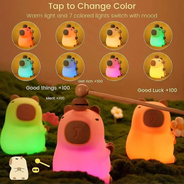 Alt view image 2 of 5 - Ecocleanpath Capybara Night Light with 7-Color RGB & Dimmable Warm Light, USB-C Rechargeable, Tap Control