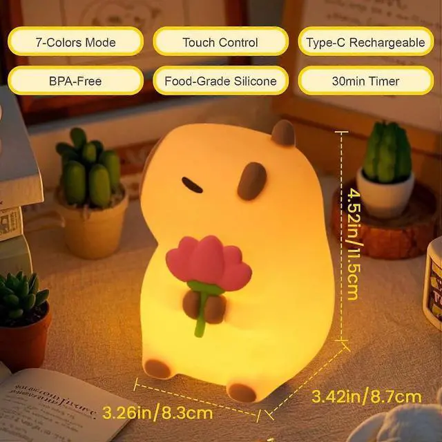 Alt view image 5 of 5 - Ecocleanpath Capybara Night Light with 7-Color RGB & Dimmable Warm Light, USB-C Rechargeable, Tap Control