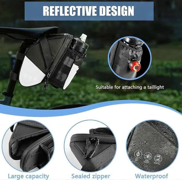 Alt view image 4 of 5 - Ecocleanpath Waterproof Bike Seat Bag with Bottle Holder & Reflective Stripes for Road & Mountain Bikes, Black
