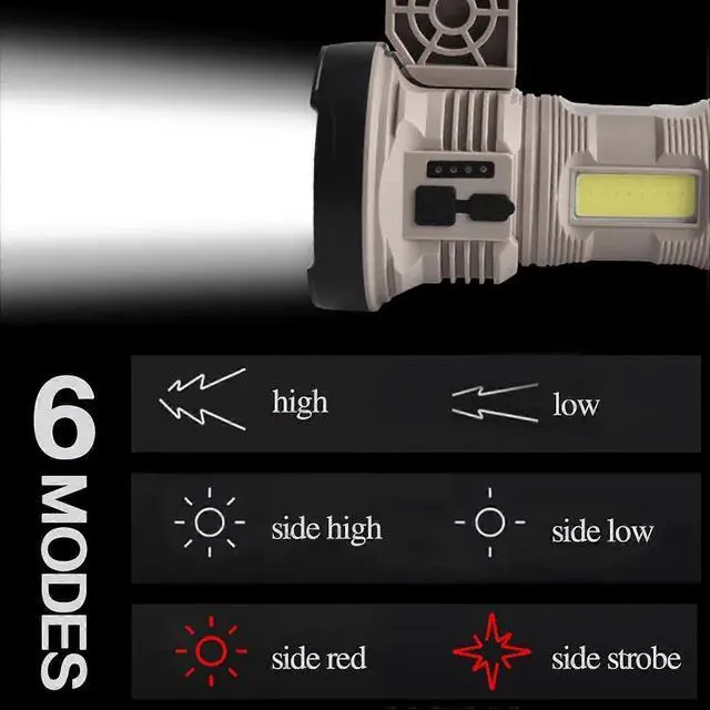 Alt view image 2 of 5 - Ecocleanpath Rechargeable LED Searchlight with Side Light & USB Charging, Waterproof Outdoor Torch for Camping & Emergencies (Khaki)