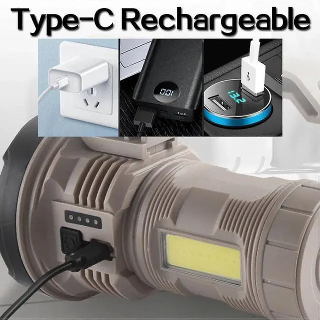 Alt view image 4 of 5 - Ecocleanpath Rechargeable LED Searchlight with Side Light & USB Charging, Waterproof Outdoor Torch for Camping & Emergencies (Khaki)