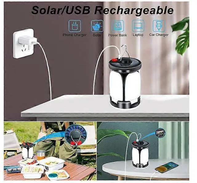 Alt view image 2 of 5 - Ecocleanpath 60-LED Camping Lantern, 6 Modes & USB/Solar Rechargeable, 3600mAh Power Bank, IPX4 Waterproof (Black)