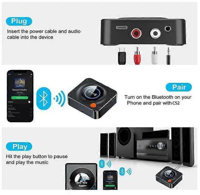 Alt view image 3 of 5 - Ecocleanpath C52 Bluetooth 5.1 Audio Receiver with NFC/TF/AUX/RCA, Low Latency Wireless Adapter for Home & Car Stereo (Black)